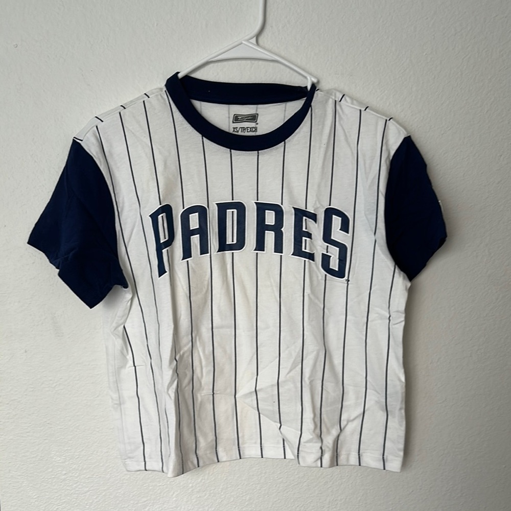 Women’s Cropped Padres Striped T-Shirt - White and Blue